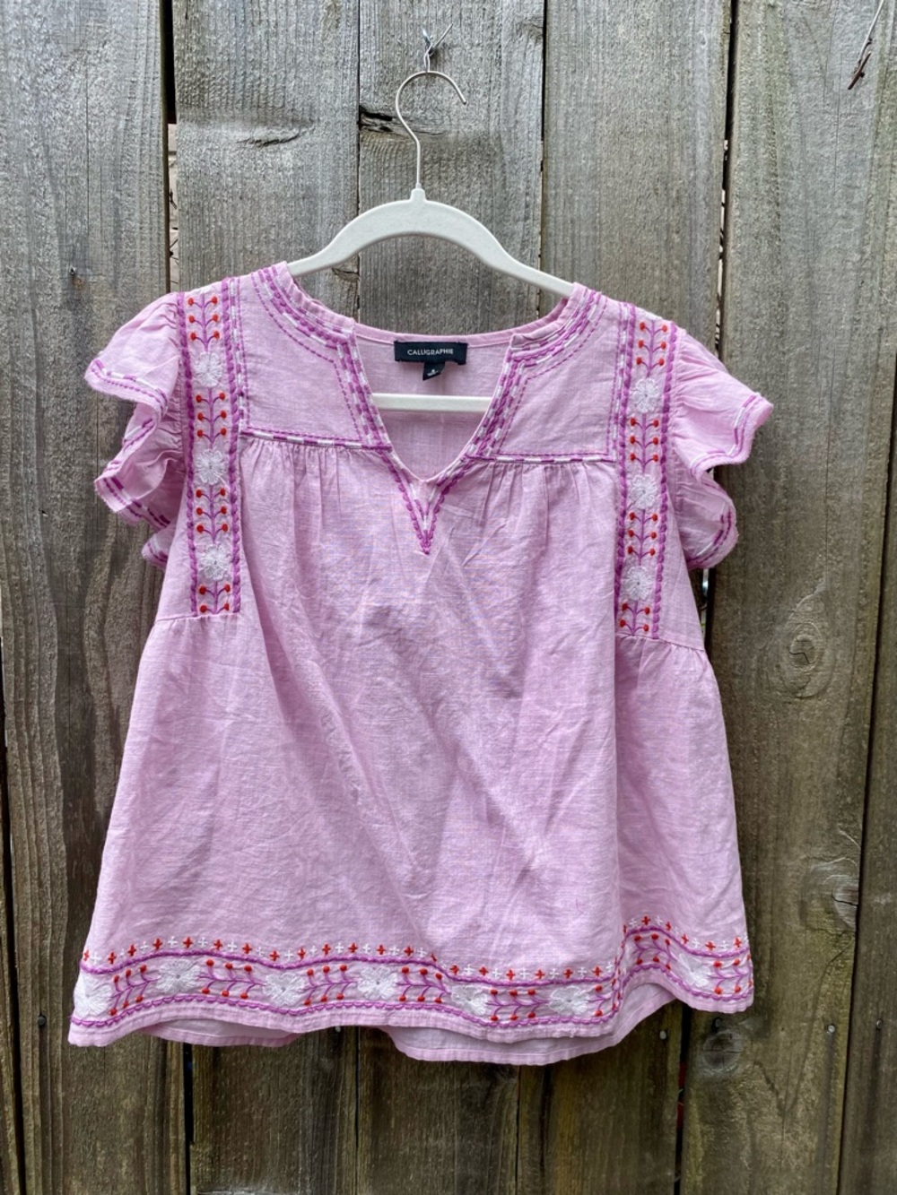 Girls' Light Pink Embroidered Peasant Top
